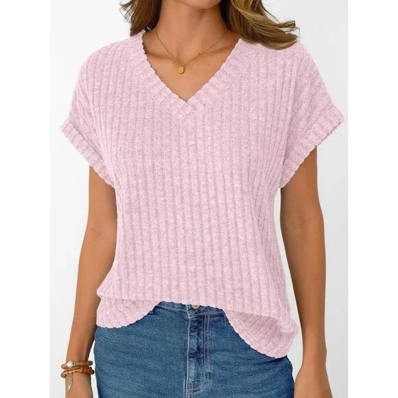 👑Women's Pink Short Sleeve Cute V Neck Stretch Ribbed Knitwear Pullover Sweater - Picture 2 of 6